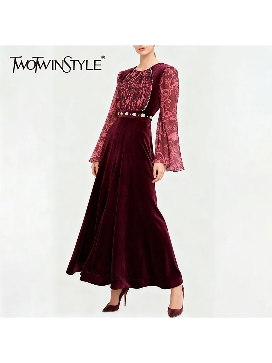 ชุดเดรส TWOTWINSTYLE ลายพิมพ์ ทรงเข้ารูป แต่งลูกปัด ดีไซน์หรูหรา สำหรับผู้หญิง คอทรงโอ แขนยาว ผ้าซีทรู แต่งระบาย