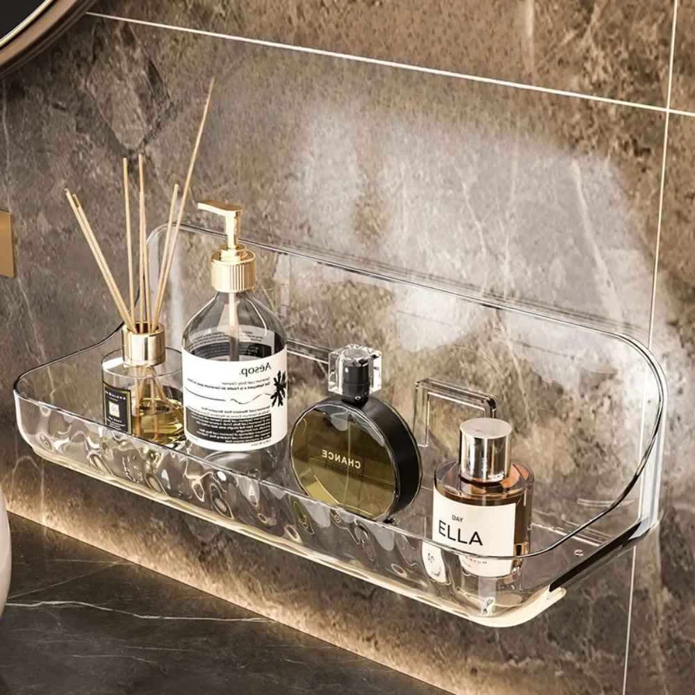 Prateleira de banheiro acrílica sem broca, organizador de parede para shampoo, economia de espaço, armazenamento de banheiro, prateleira de canto