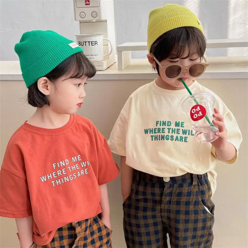 2026 Summer New Children T Shirts Letter Print Boys Short Sleeve Tee Cotton Kids Girls Loose Versatile Tops Baby Simple T Shirt