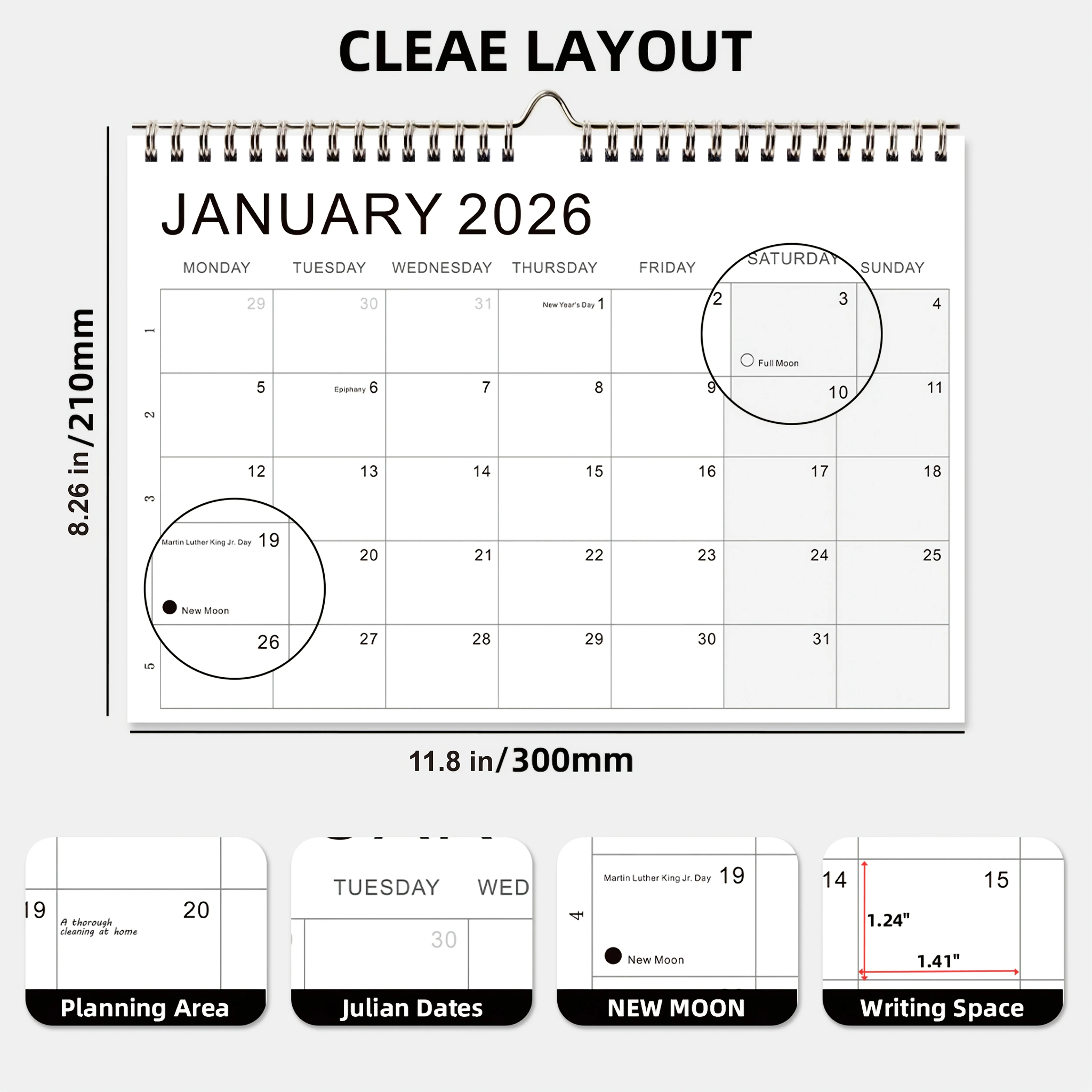 قطعة واحدة من تقويم المخطط الأسبوعي 2026-2027 - عرض لمدة 52 أسبوعًا مع علامات تبويب شهرية وقمر كامل وعلامات القمر الجديد، تخطيط من الاثنين إلى يوم الأحد