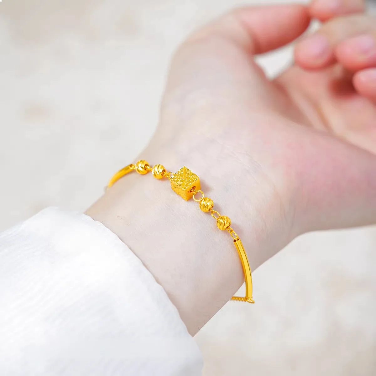 Kt 18 Gold Color Shining Sugar Cube Pendant Open Bangle Bracelet for Women Lover Valentine's Day Birthday Jewelry Gifts Not Fade
