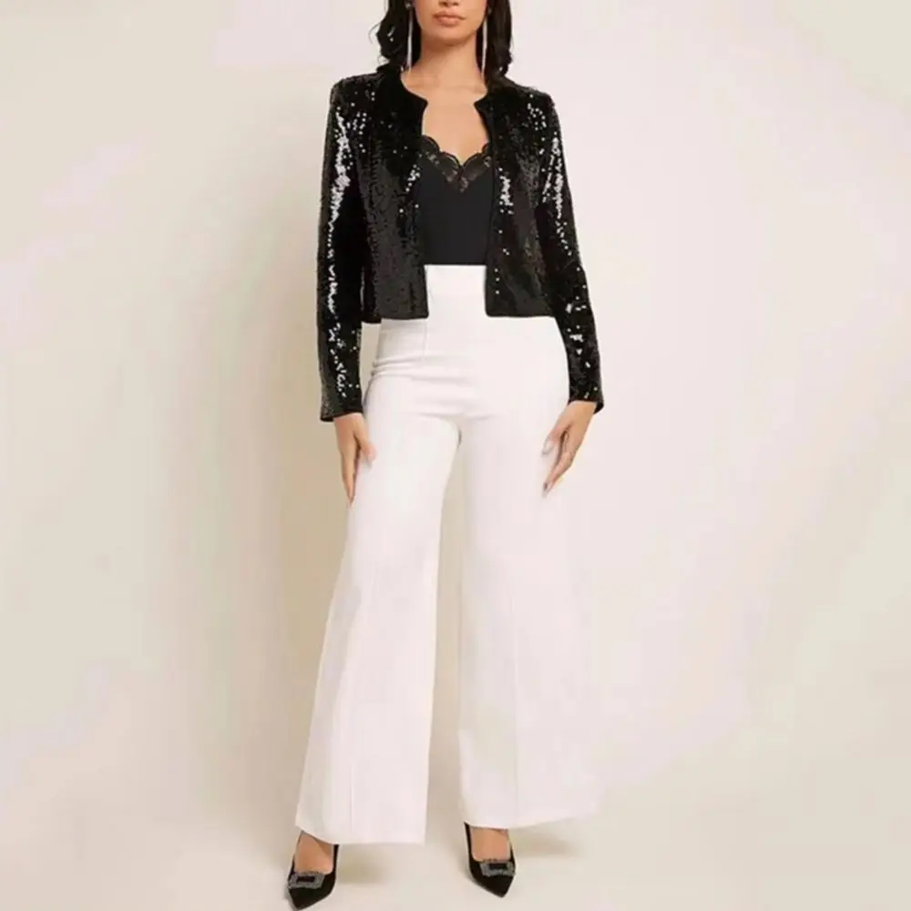 

Women Party Sequin Coat Round Neck Open Stitch Cardigan Long Sleeves Short Type Solid Color Stage Performance Club Dance Jacket