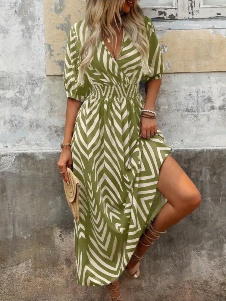 Abito lungo Boho casual per donna Abito estivo sexy con scollo a V manica corta a vita alta Abito con stampa femminile elegante moda maxi abiti