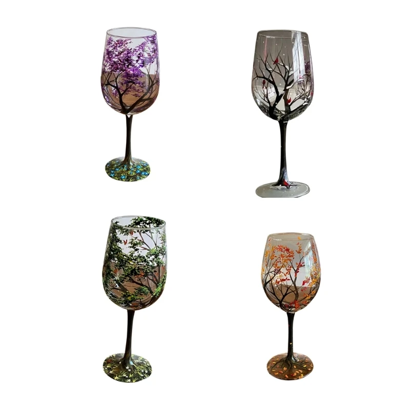 Four Seasons Tree Wine Glass Hand Painted Goblets Wine Glass Unique High Legged Glass Cup Glassware for Family Friend