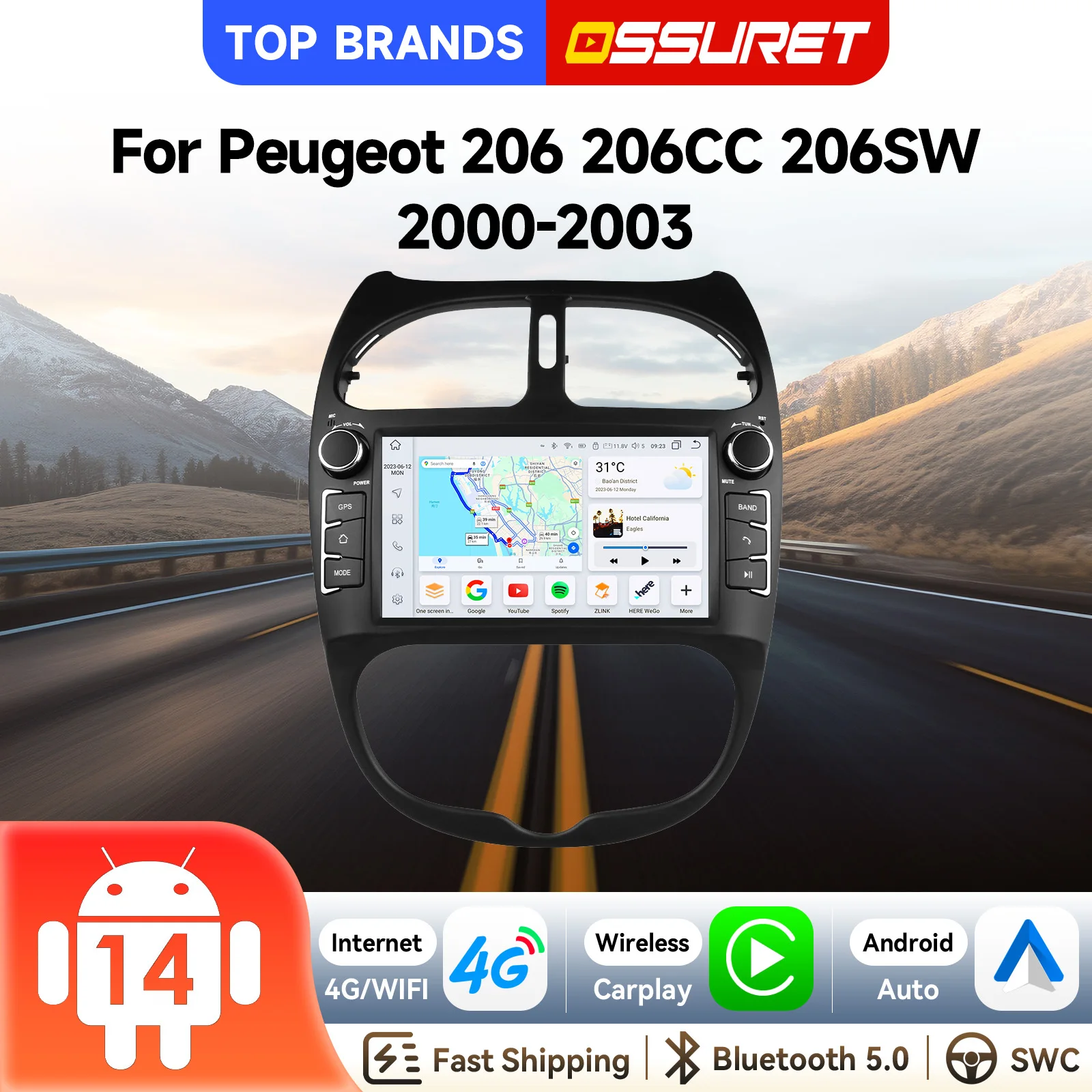 OSSURET Bestseller Schneller Versand 7 Zoll Android 14 Autoradio für PEUGEOT 206 206CC 206SW 2000-2008 Autoradio Kabelloses Carplay Android Auto GPS-Navigation Autoradio Bluetooth