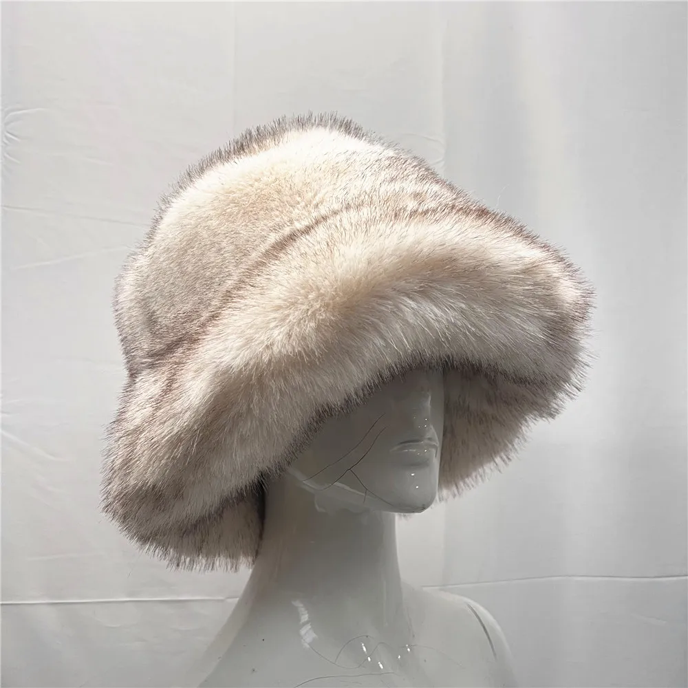 Big Faux Fur Hat Women Elegant Autumn Winter Fur Luxury Fashion Party Panama Fisherman Hat Warm Bucket Hat 2023