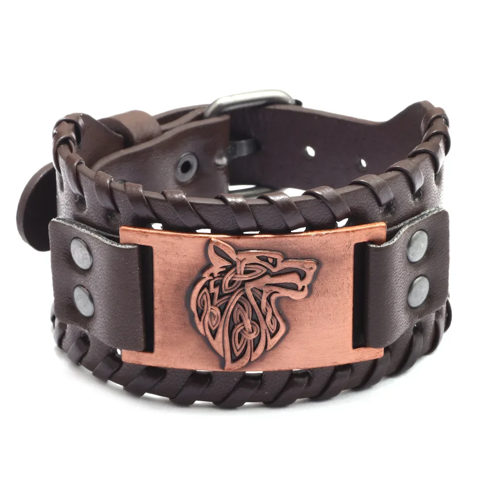 Punk Männer Breite Armreif Zubehör Wolf Kopf Charm Armband Leder Weben Einstellbare Armband Freundschaft Schmuck