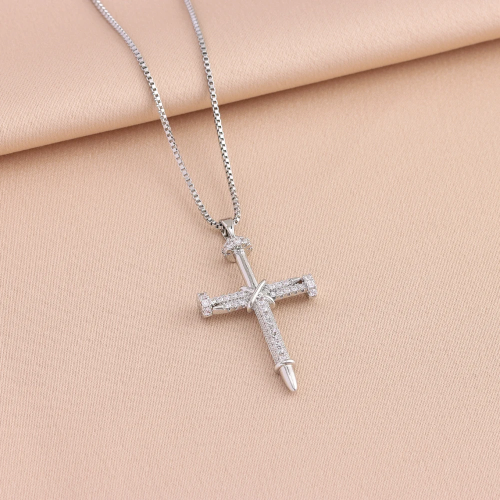 New Zircon Inlay Nail Cross Pendant Necklaces For Women Trendy Punk Style Female Stainless Steel Neck Chain Jewelry Wholesale