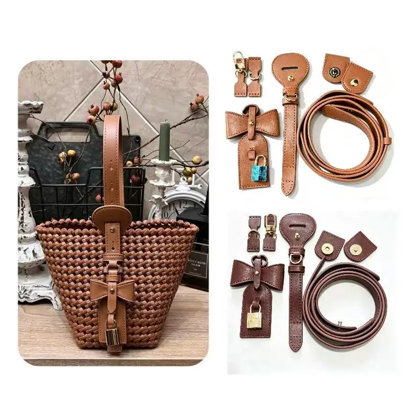 Handmade Cotton Straw B Bucket Bag Leather Accessories Pixelated Fashionable Adult DIY Bag with Shiny Surface And PU Leather ...