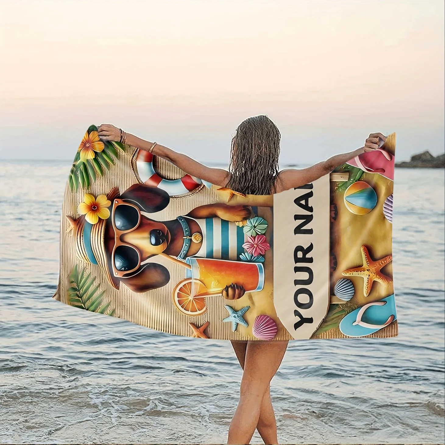 1pc  Personalized Dachshund Summer Beach Towel, Custom Name Cute Wiener Dog Vacation Beach Towel for Pool Beach