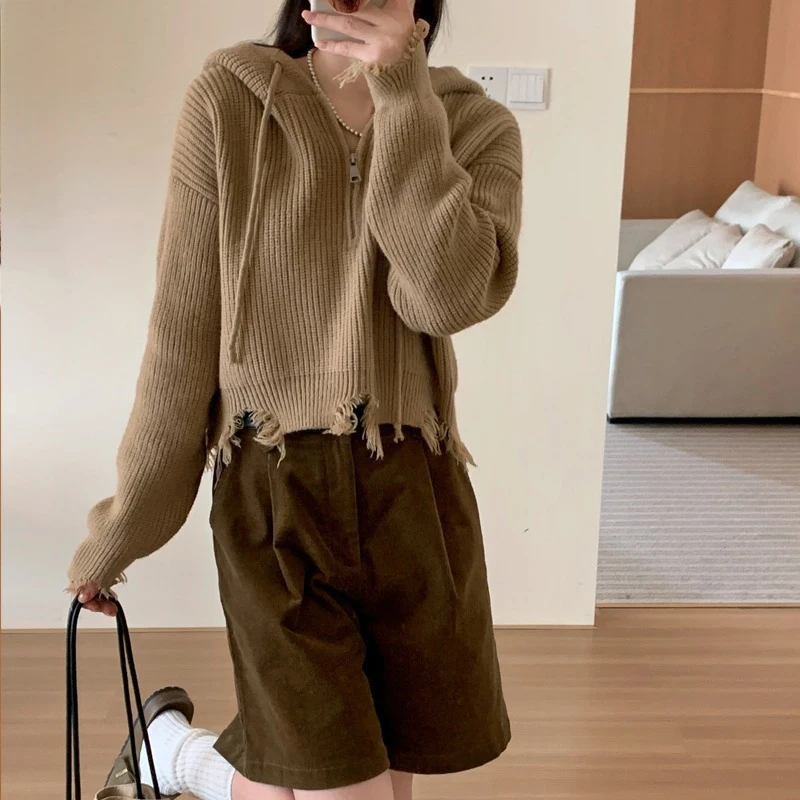 Y2K Half Zipper Hooded Pullovers Women Vintage Hand Frayed Sweater Pullovers Spring Autumn Harajuku Loose Cropped Hoodies Woman
