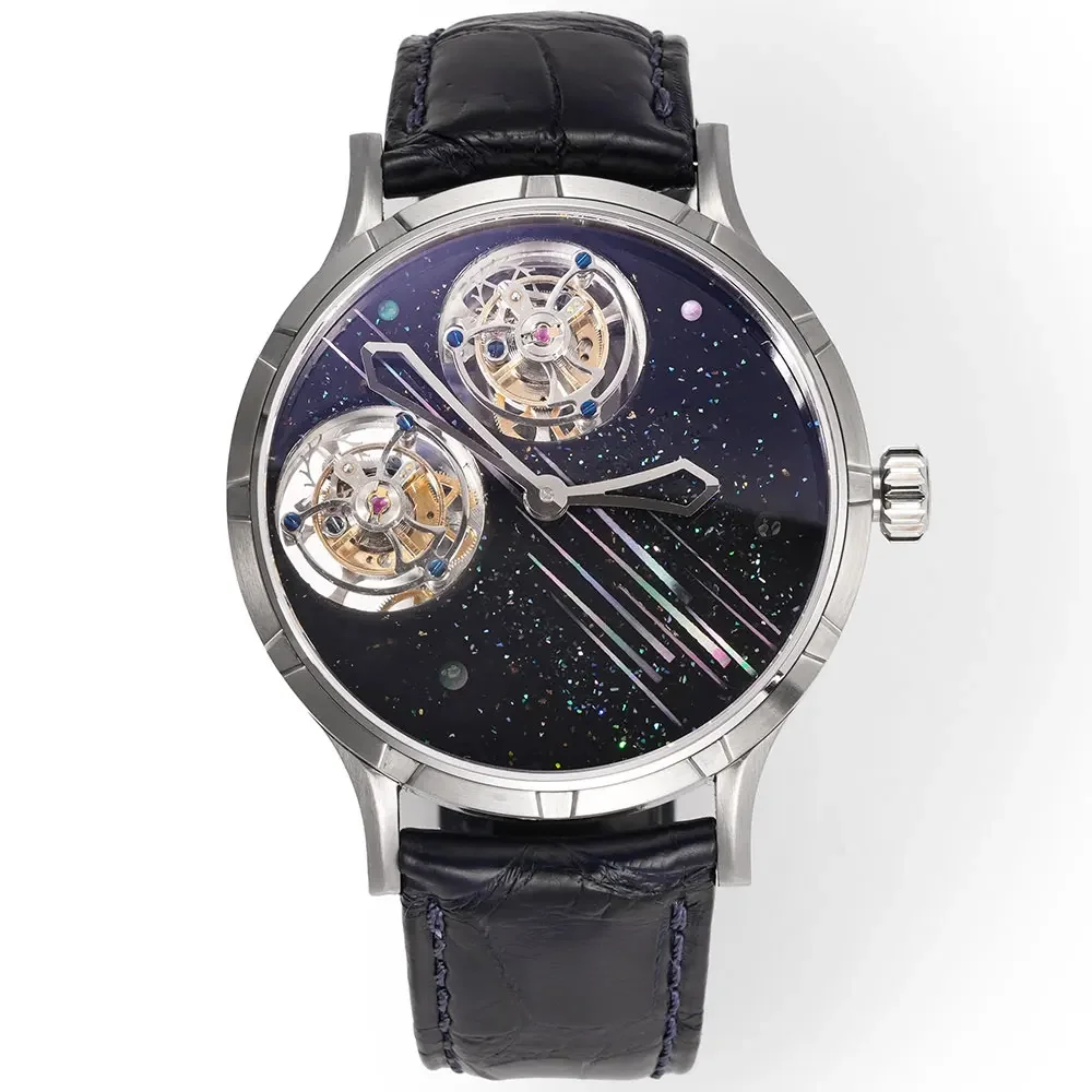 HUASUO Luxury Double Tourbillon Orologi da uomo 45mm Laca Madreperla Quadrante con pietre preziose Shanghai Movimento intagliato personalizzato