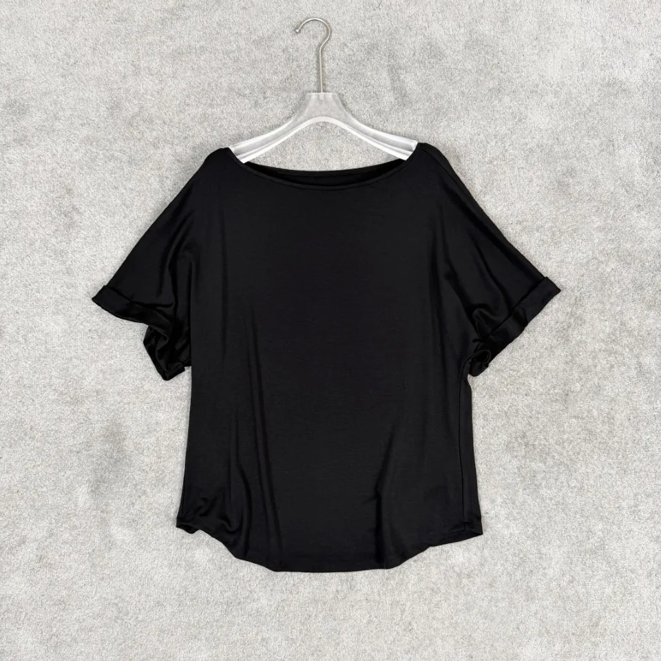 2026 Relaxed Asymmetric Shoulder T-Shirt-Soft Drapey Fit with Rolled Short Sleeves in White&Black for Effortless Everyday Style