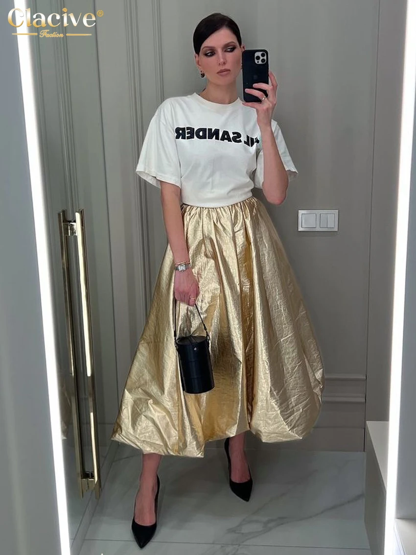 Clacive Fashion Loose Gold Women's Skirt 2025 Elegant High Waist Ankle Length Skirts Casual Pleated Skirt Female Clothing