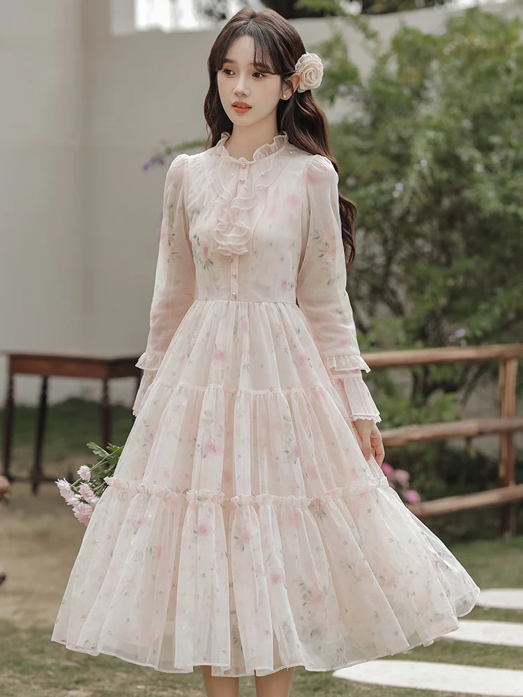 French Fashion Mesh Print Dresses for Women Autumn Ruffle Collar Pearl Flare Sleeves Chic Apricot Vestidos Sweet Princess Dress