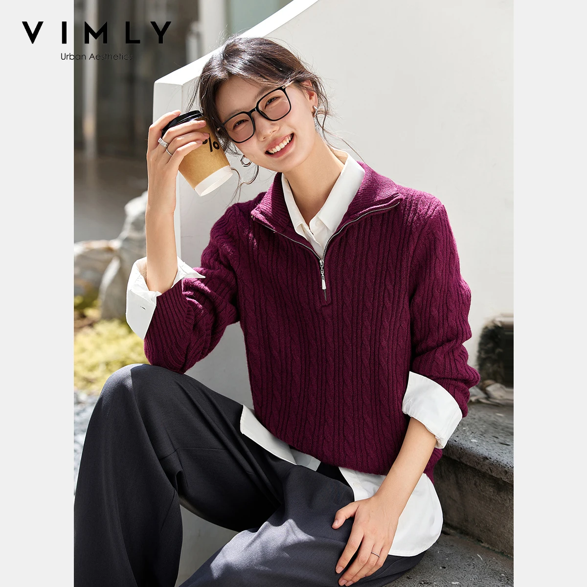 VIMLY suéter retorcido mezclado de lana verde para mujer otoño 25 nuevo suéter de punto con solapa de viento perezoso Top 75091