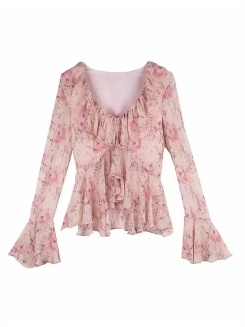 Sweet Floral V-ne شيفون irt المرأة الجميلة الدانتيل تقليم الأعلى Ele Faionable Age-defng 2025 جديد Sle تخفيف الرياح