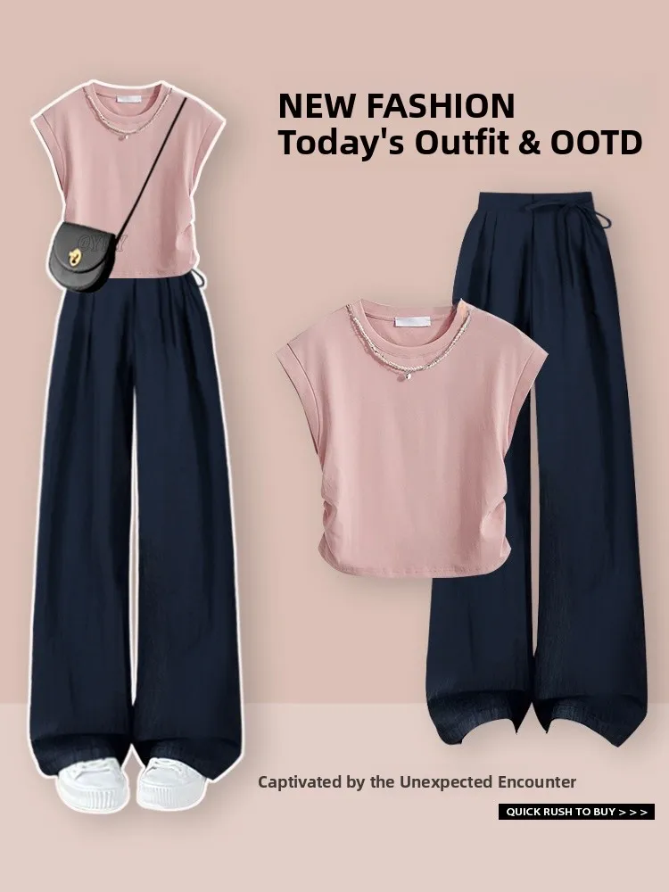 

Pink round Ne ort Sve T-irt Women's Sweet Cool Waist-Cinching Design Casual Summer Top Matching High Waist Pants