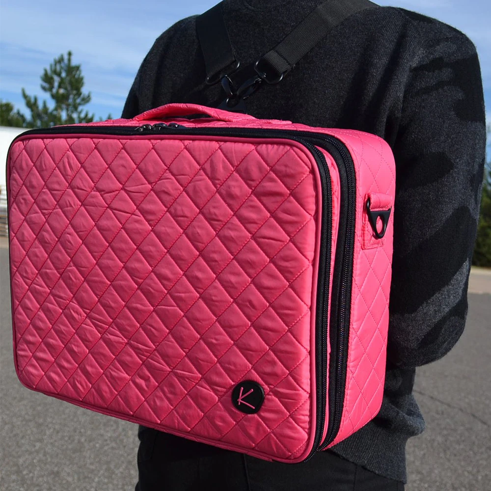 

Розовая стеганая косметичка с плечевым ремнем, косметичка большой вместимости для путешествий и профессионального использования