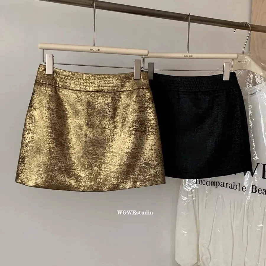 Sweet Golden shiny Mini Skirt, for Women, 2024 New ,Spring Autumn Skirts, Sexy High Waist Slimming A-line hip Short Skirt,Girls