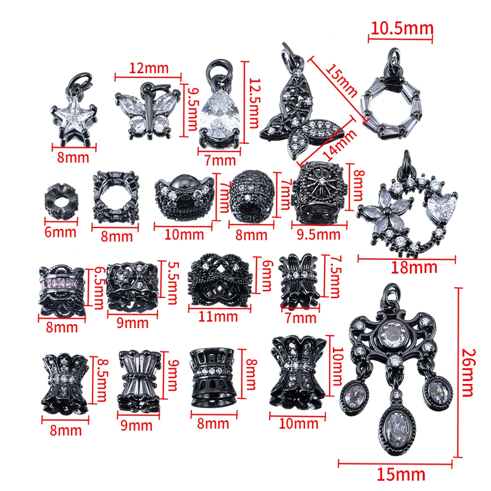 1PC New Copper Plated Gun Black Zircon Inlaid Color Preserving Pendants with Hollow Large Hole Beads For DIY Jewelry Accessories