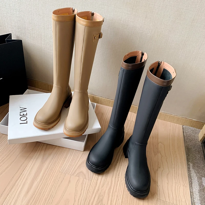 JOZHAMTA Size 34-40 Women Knee High Boots Genuine Leather Thick High Heels Winter Shoes For Women Buckle Platform Long Boots