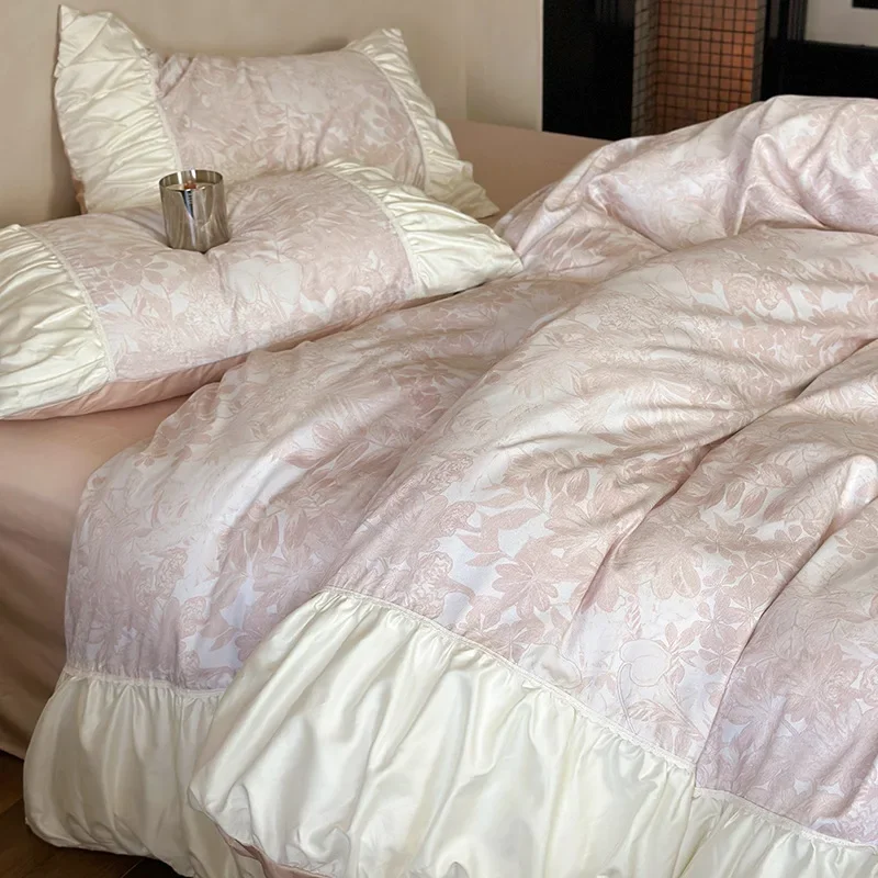 Long-staple cotton four-piece set, autumn and winter pure cotton polished bed sheet quilt cover, girl's heart bedding