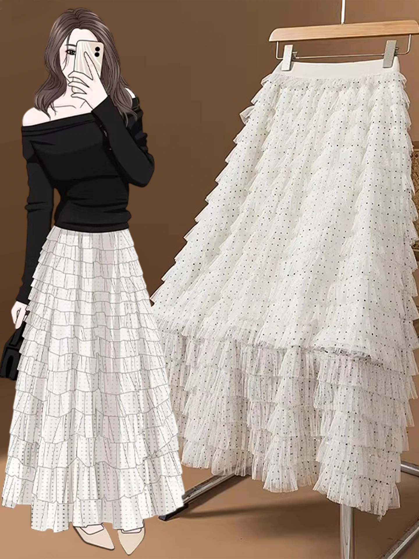 

Retro Polka Dot Tulle Cake Skirt High Waist Puffy Mid-Length f Skirt Large Size Fat MM Early Spring Faion Women's Clothing