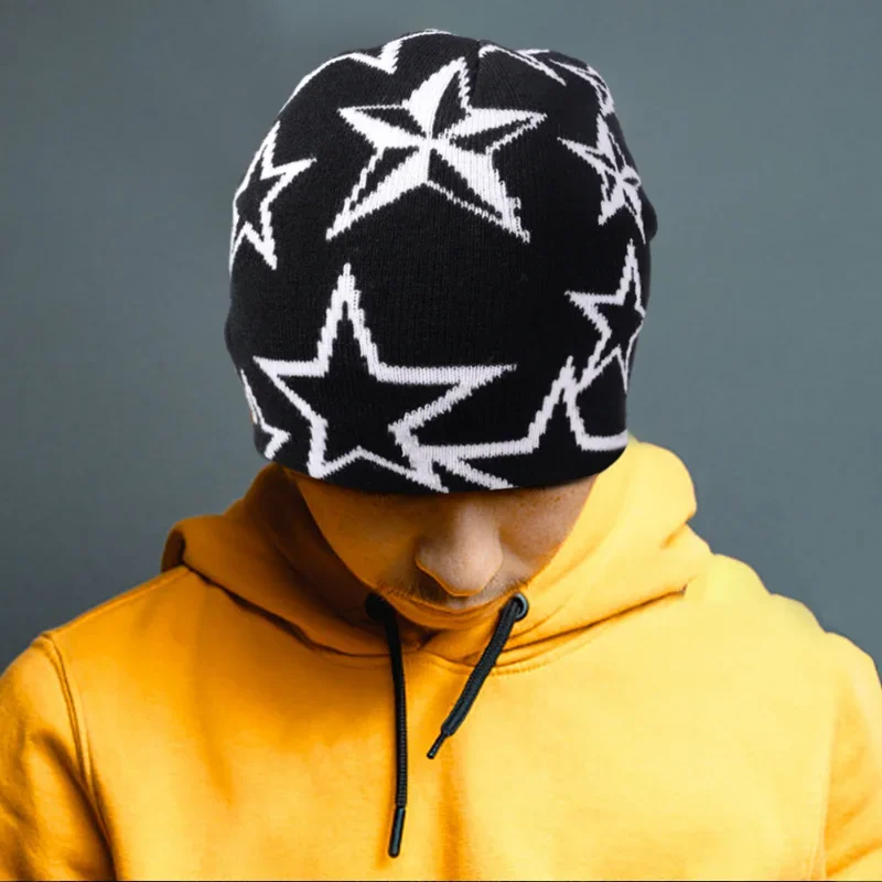 New Gothic Star Pentagram Beanies Caps Y2K Jacquard Knitted Warm Cap Hip Hop Unisex High Elastic Knit Hat Skullies for Women Men