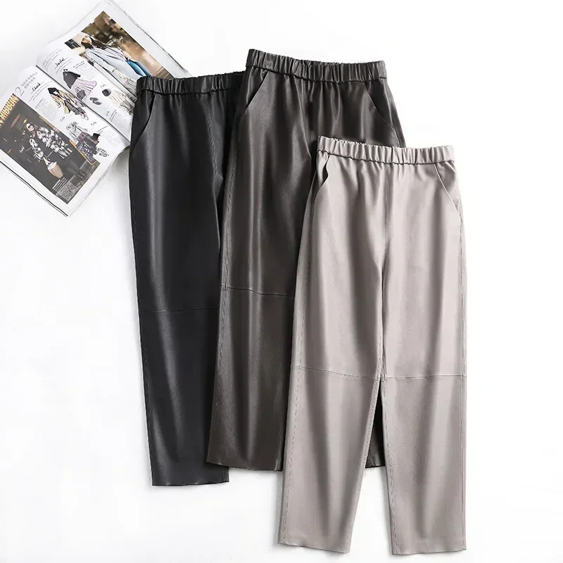 Genuine Leather Pants Women Trousers High Waist 2022 Winter Women Long Pants Korean Harem Pants Pantalon Pour Femme Zm1942