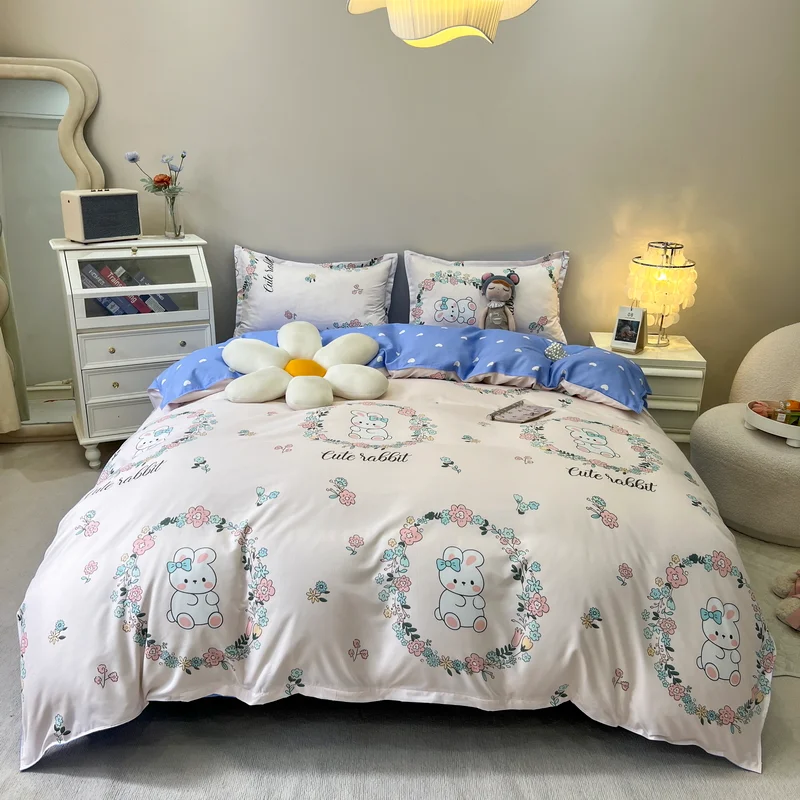 3PCS/4PCS Garland Cute Rubbit Duvet Cover Set Microfiber Warm Soft Cozy Bed Set with Zipper Closure for Boys Girls Bedroom Decor