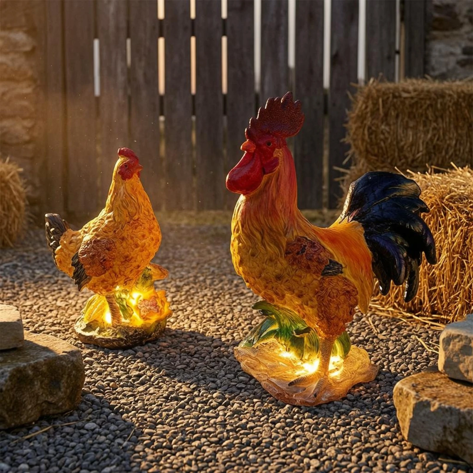Cockerel and Hen Statue Textured Base Solar Chicken Statue Chicken Garden Sculpture Rustic Charm Cockerel Solar Light Waterproof - view 3