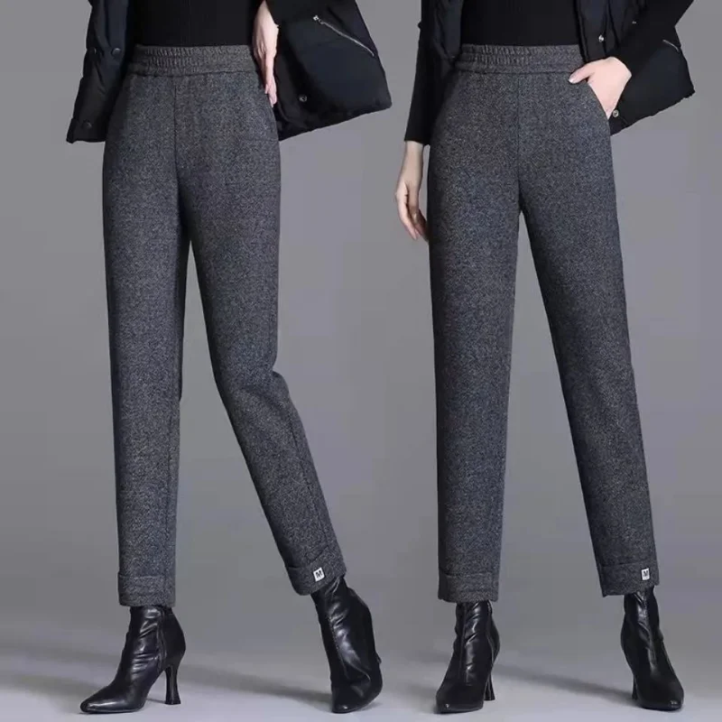 

Autumn and Winter Women's Solid Color Elastic Classic Halun Pants High Waist Woolen Fashion Casual Formal Commuter Trousers