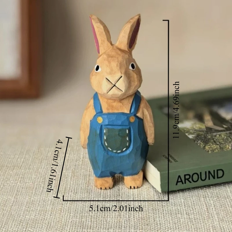 1PC Overall Rabbit Hand Carved Wooden Ornament Cartoon Character Figurines Home Decoration Miniature Accessories Festive Gift