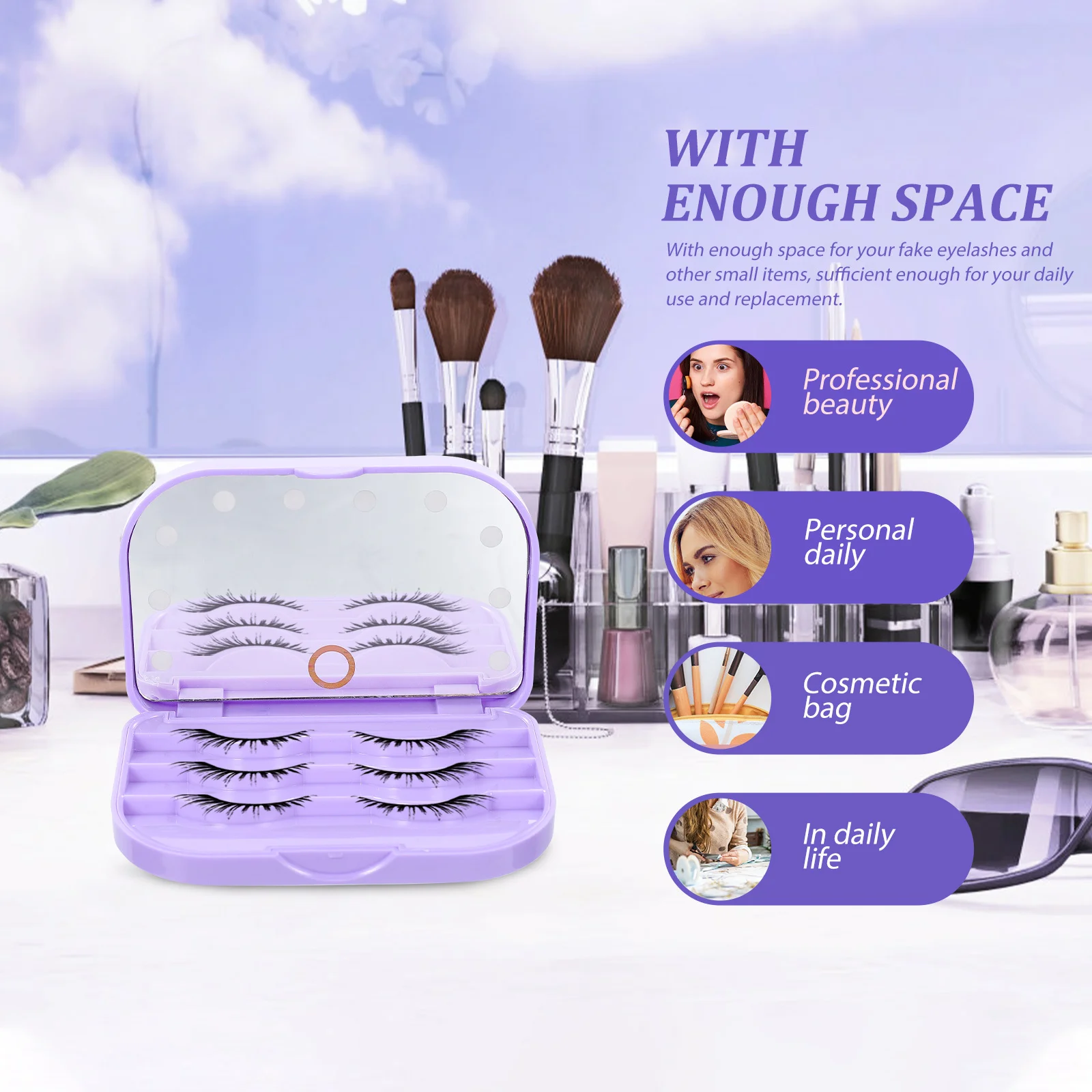 LED Eyelash Storage Box with Mirror Compact False Eyelash Case Flip-Top Organizer for Travel Office Dating Friends Gathering