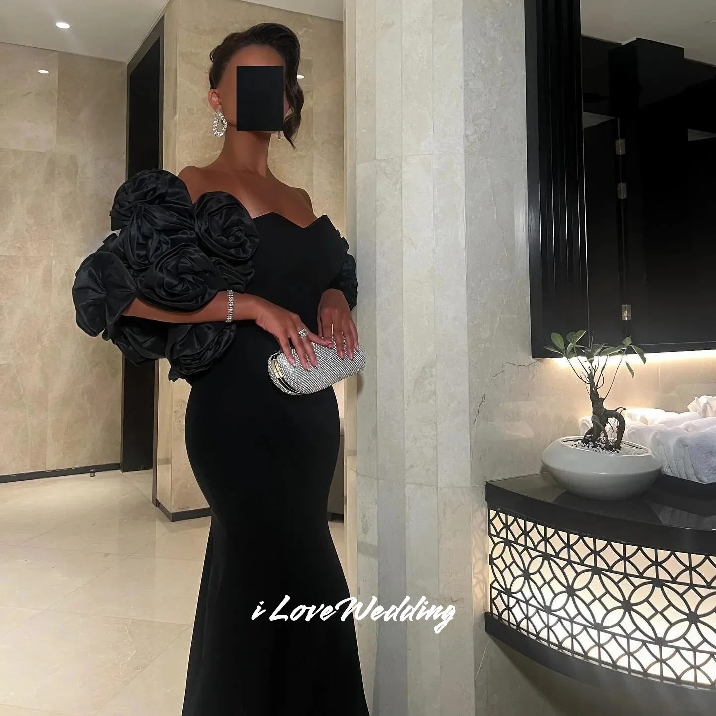 فساتين سهرة سوداء بدون حمالات 2025 بدون أكمام شال حورية البحر زهور ثلاثية الأبعاد طول الأرض فستان حفلة موسيقية فستان حفلات الزفاف مخصص