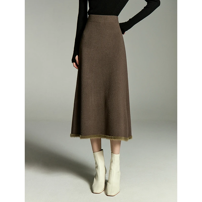 Toyouth Women Knitted Skirt 2023 Winter Elastic Waist A-shaped Slim Fit Hem Stitching Imitation Mink Edge Versatile Long Skirt