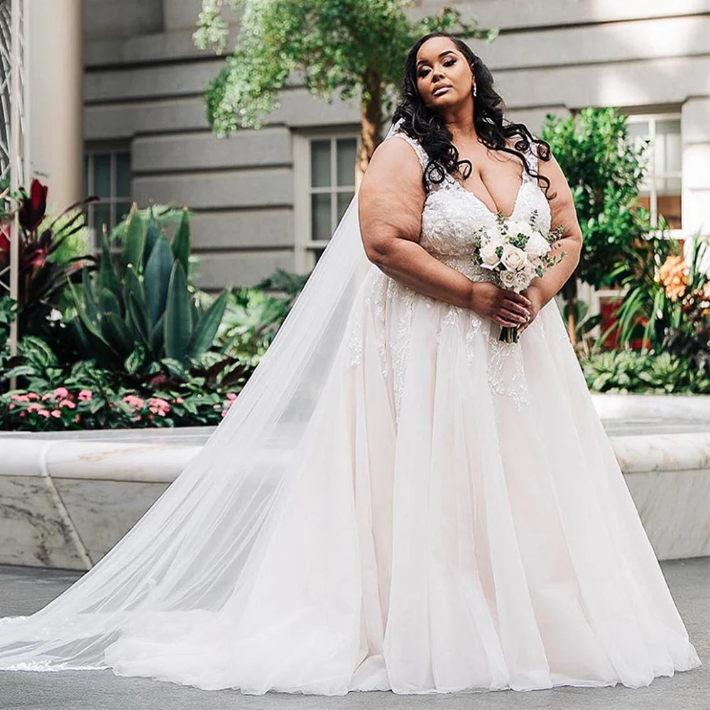 Plus Size Wedding Dress Woman Bride Dresses 2024 V Neck Sleeveless Sequined  Applique A Line Big Women Bridal Gown Vestido Noiva - AliExpress 320