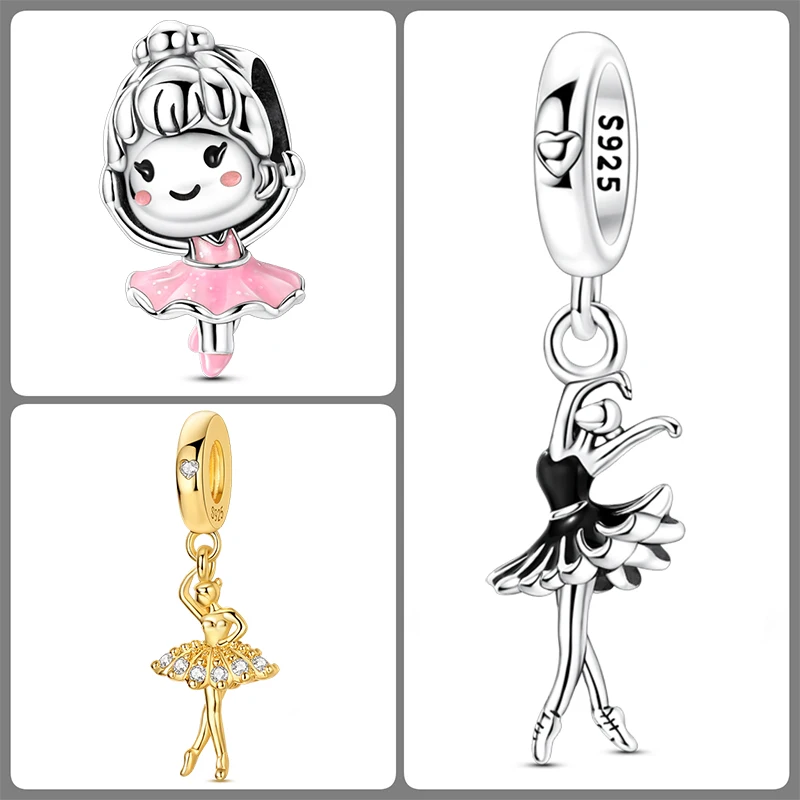 3-teiliges Ballett-Charm-Set aus 925er Sterlingsilber, Ballerina-Tanzschuhe, rosa Perlen, DIY-Armband, Halskette, Geschenk für Frauen und Mädchen – Detail 4