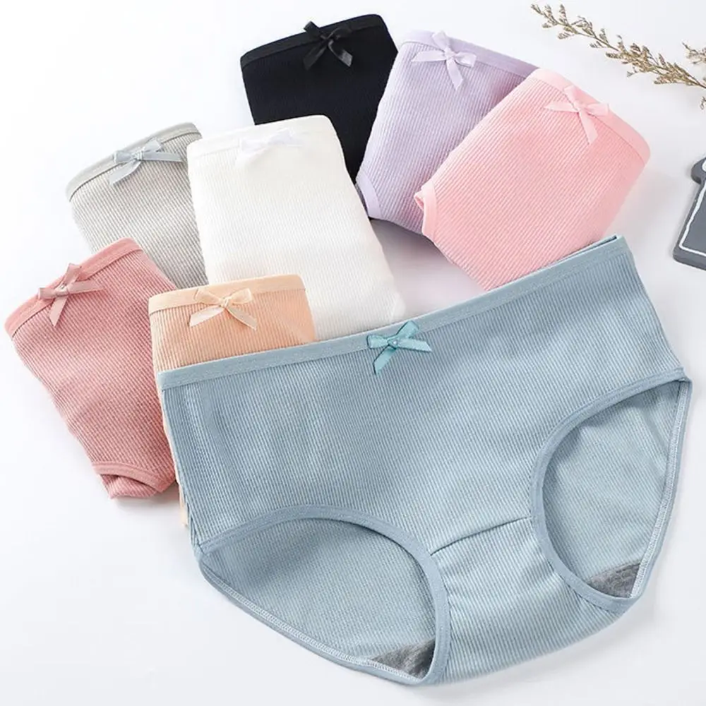 

8Pcs Comfortable Bowknot Simple Underpants Mid Waist Panties Seamless Briefs Cotton Crotch Solid Color Underwear for Women Gifts