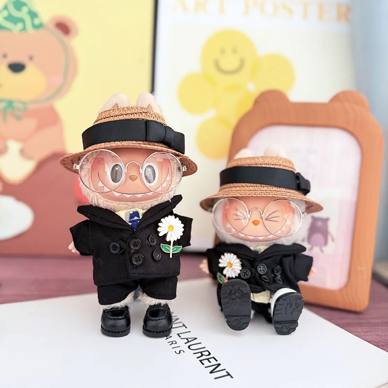 

Одежда для кукол Labubu 15/17 см Gen 1-3, черный костюм, комплект со шляпой и кожаной обувью, подвесные аксессуары для одежды