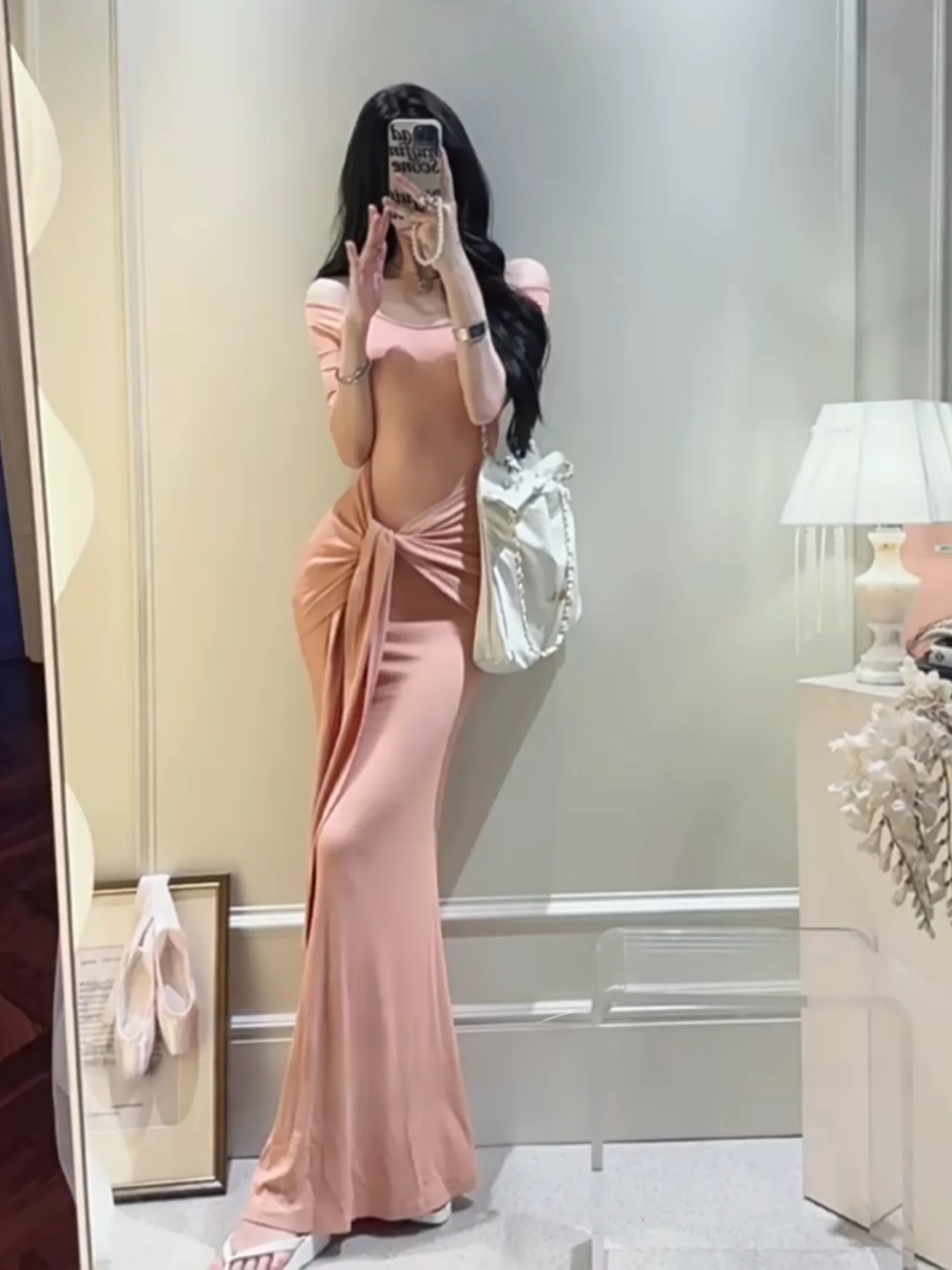 Sexy Korean Style Shoulder Bared Pure Desire Waist Cinched Fish Tail Dress Sensual Holiday Vibes Full Body Long Gown
