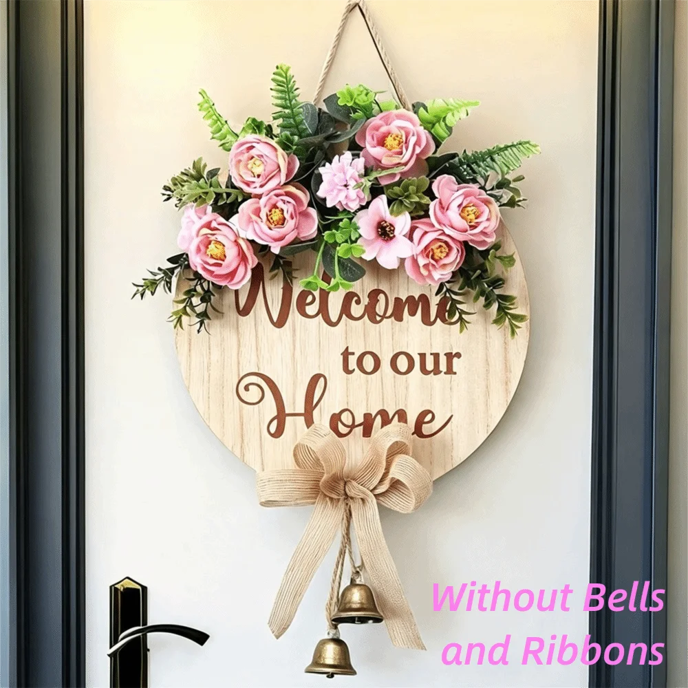 New 2D Flat 2D Round Welcome Sign Cat Print Retro Style Hanging Wooden Board Floral Print Warm Home Wall Sign Front Door Decor