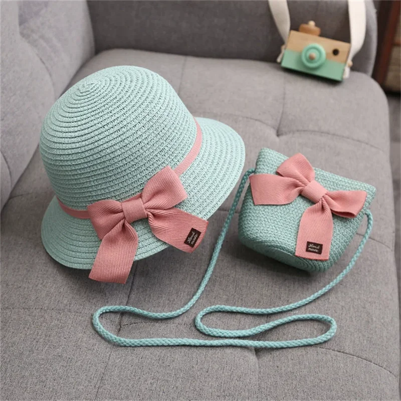 2-9 anni bambini cappello da sole ragazze estate nuova borsa di paglia berretto Set bambino viaggio protezione solare cappelli da spiaggia cappello da pescatore per bambino