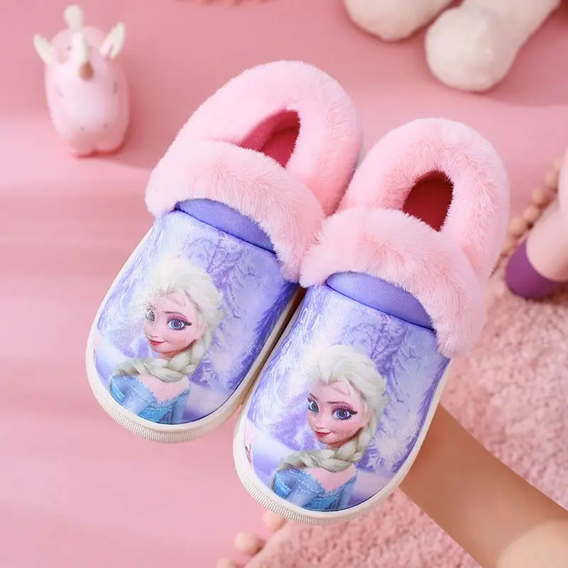 Disney Frozen Children\'s Cotton Slippers Winter Girls Cartoon Elsa Princess Girls Cotton Warm Purple Blue Shoes Size 19-25cm