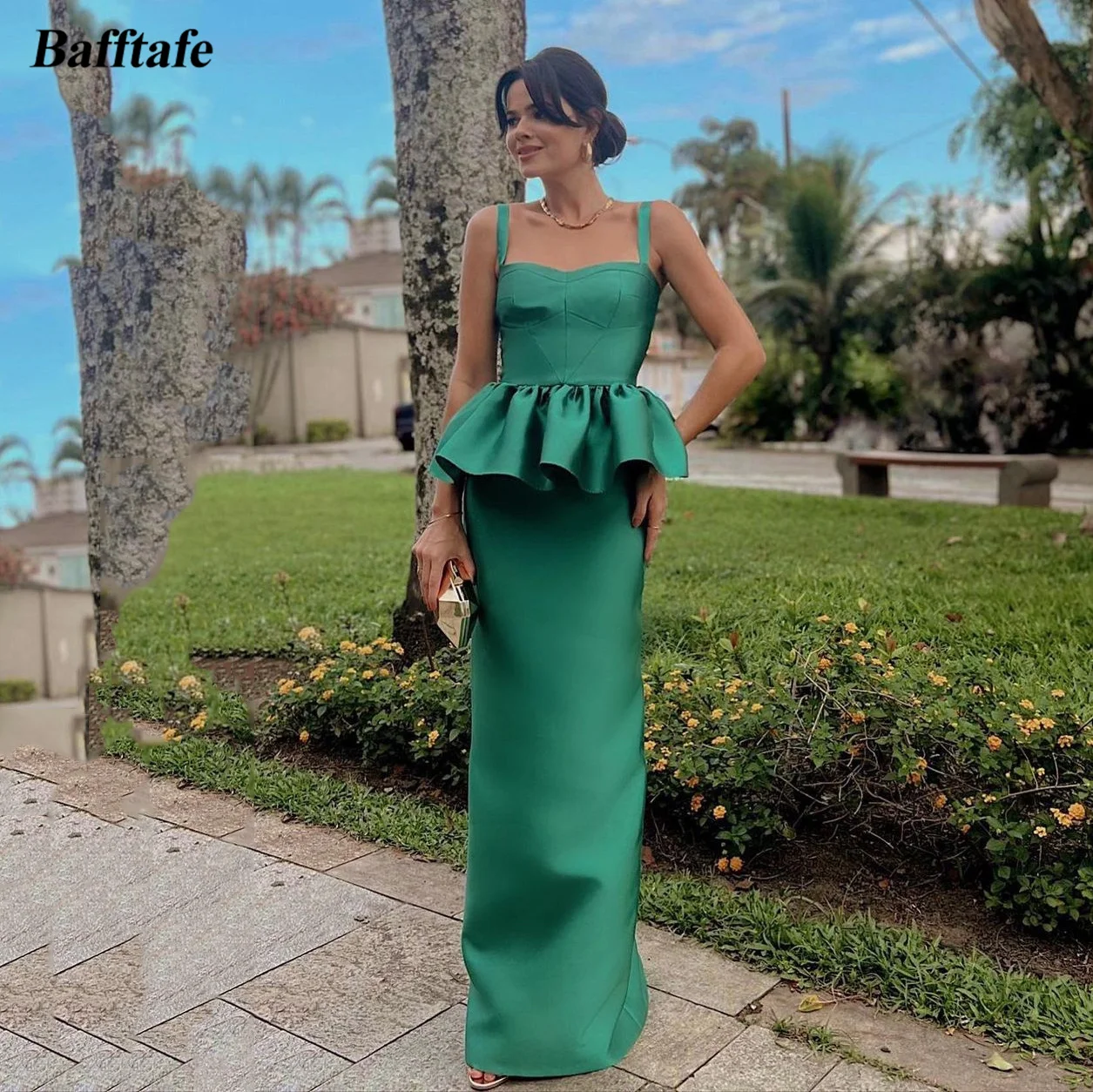 Bafftafe Green Satin Sheath Prom Dresses Women Formal Evening Gowns Spaghetti Strap Floor Length Wedding Party Dress Customized