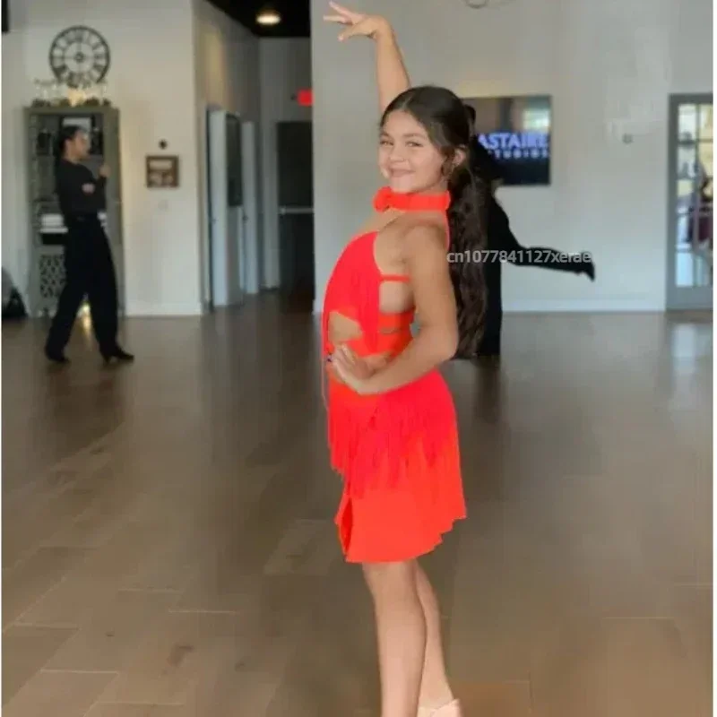 الراقية الفلورسنت الأصفر شرابة اللاتينية ملابس رقص سبليت المنافسة أداء يتميز أزياء الرقص اللاتينية المهنية #6