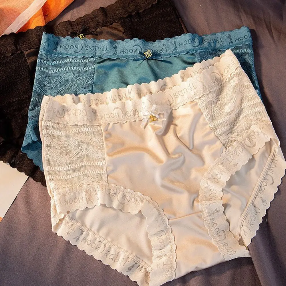 Confortável cetim de seda renda flor briefs sem costura malha calcinha de seda gelo cuecas meados de cintura roupa interior feminina senhoras