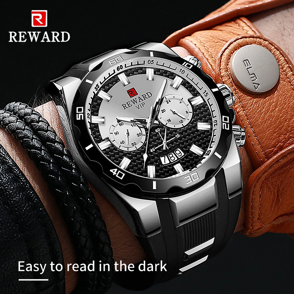 Black REWARD Quartz Watches Multi-functional Dial Silicone Band Sport Men Watch Hommes Montres