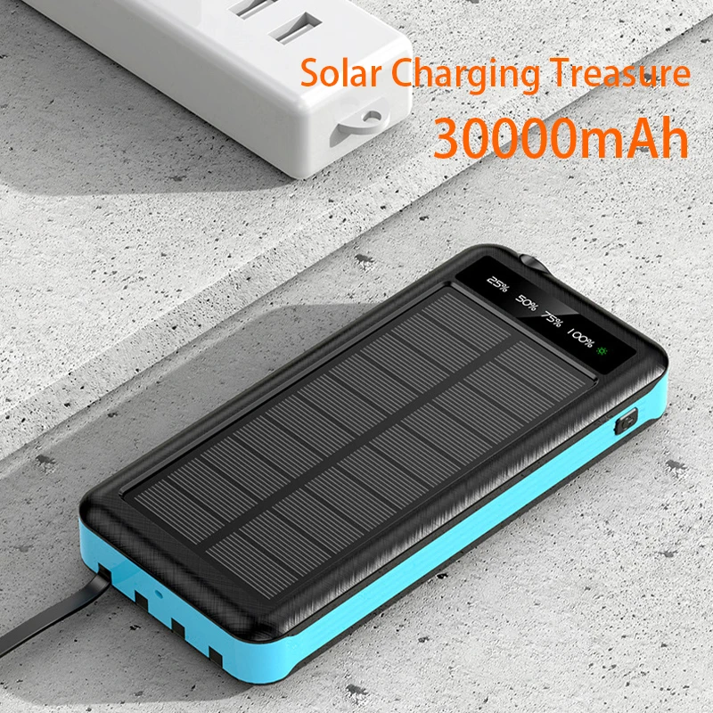 For Mobile Phone Laptop Solar Power Bank,With LED Light With Wireless Charging 2USB Ports Built Cables 30000mAh Solar Power Bank